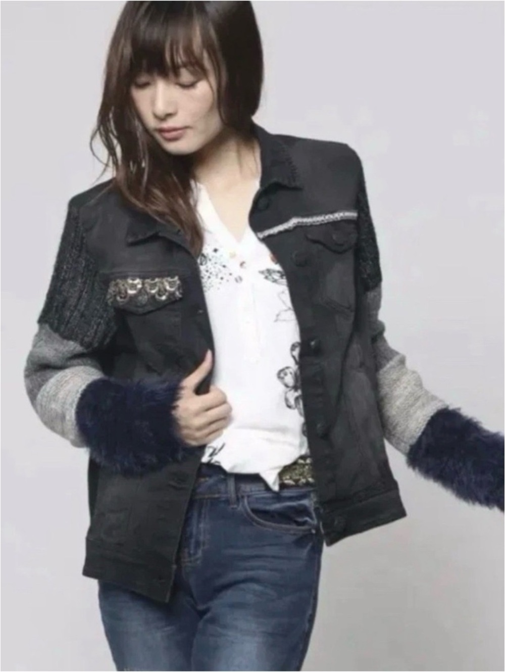 Desigual Black Mixed-Media Jean Jacket with Gray and Navy Accents-size S